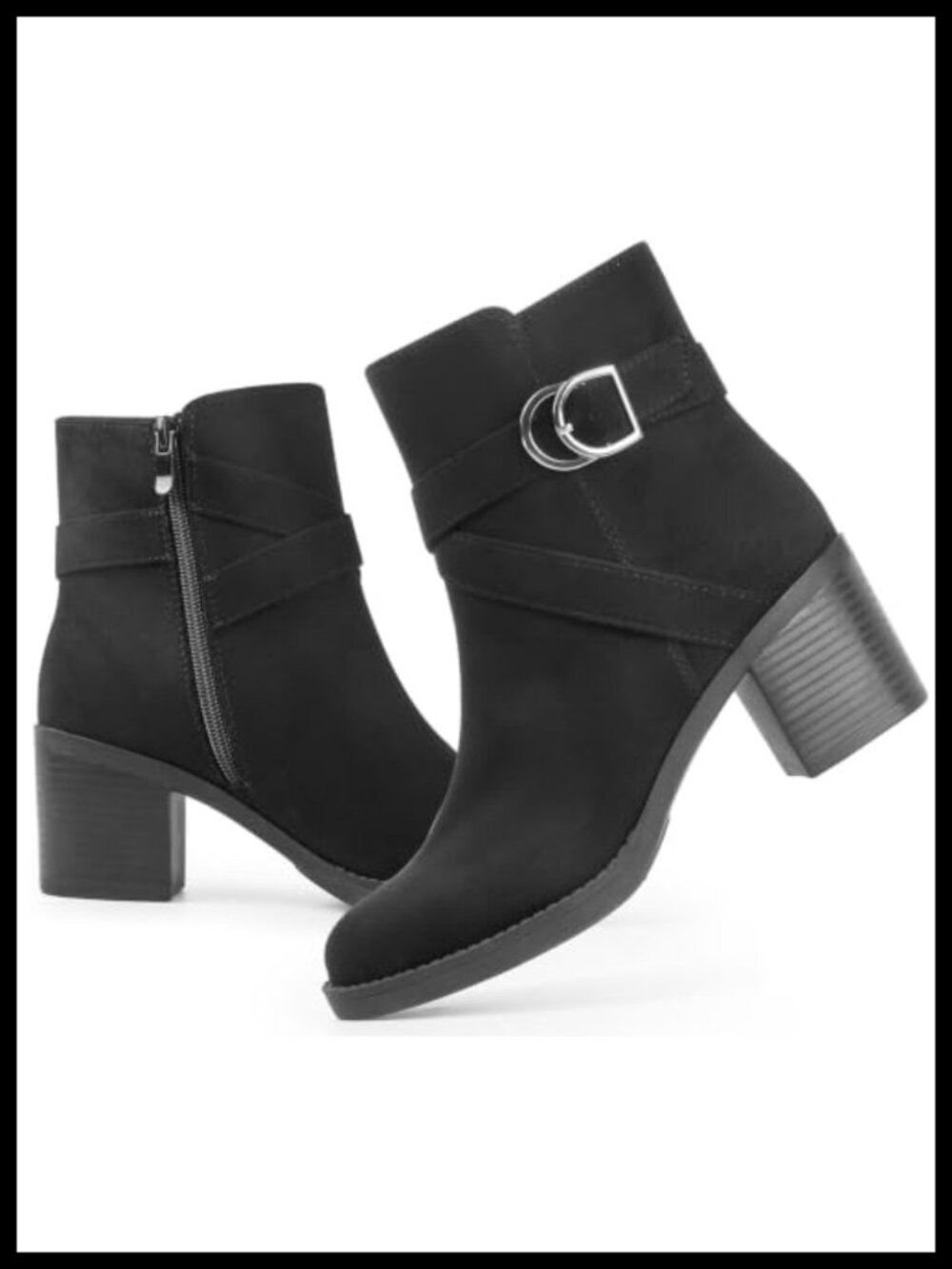 Ankis Women's Zipper Ankle Boots Chunky Stacked Heel Buckle Strap Booties